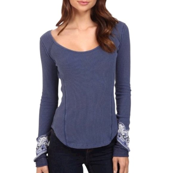 Free People Tops - NWT Free People We the Free Blue Bandana Cuff Thermal Waffle Top Size S